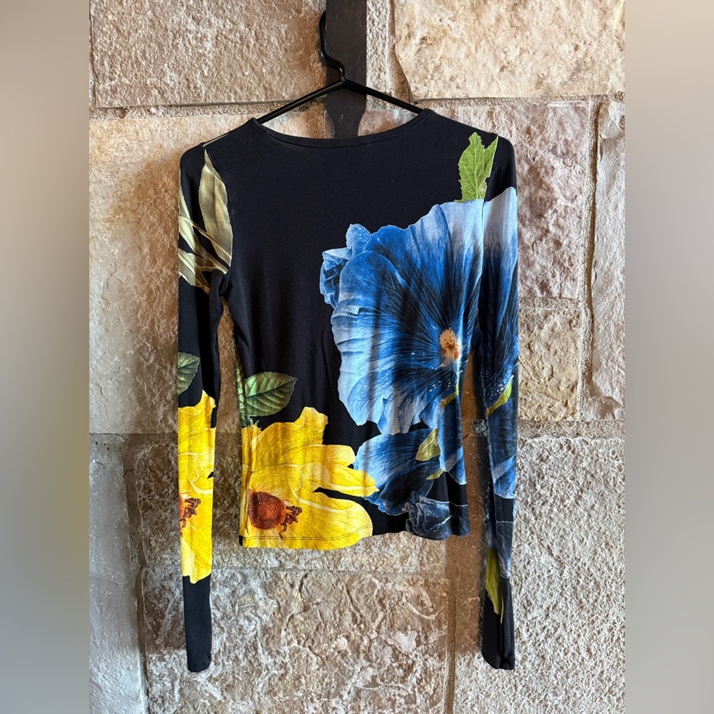 Alice + Olivia Black Long Sleeve Top with Blue and Yellow Floral Print